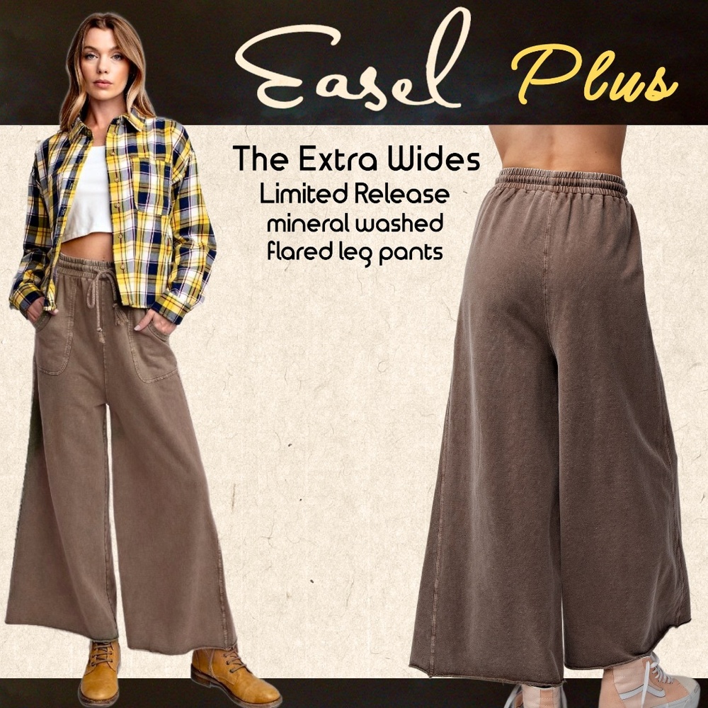 EASEL "Extra Wides" Mineral Washed Cotton Wide Flared Leg Pants, Pockets Raw Hem